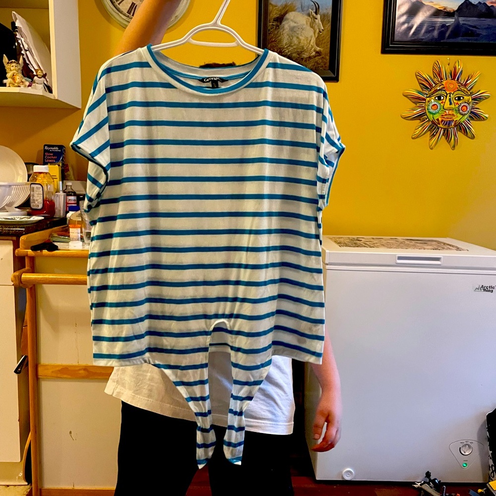 Green and White striped cap sleeve spring Shirt